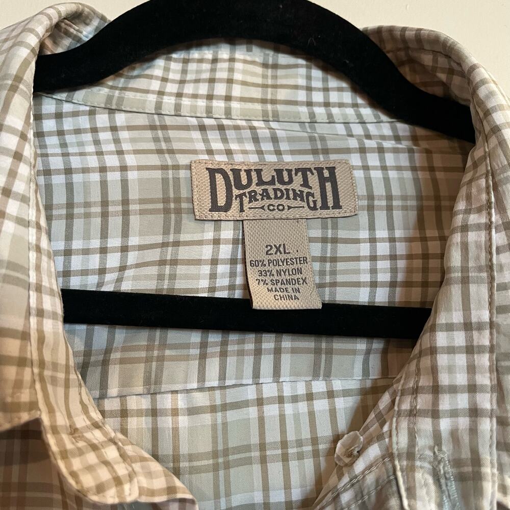 Mens Duluth Trading Co Shirt Long Sleeve Button Down Plaid Light Green Tan 2XL - Picture 4 of 4